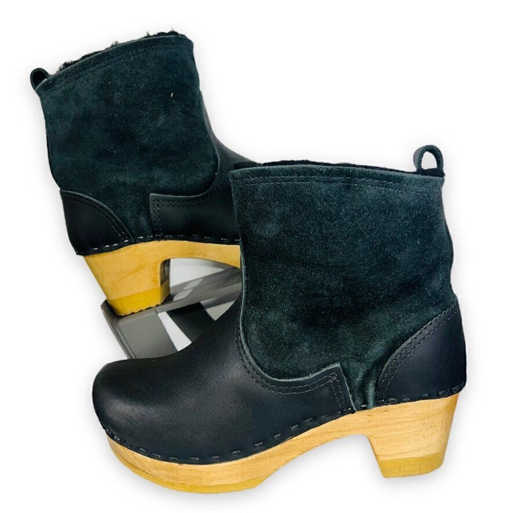 No. 6 Pull-on Shearling Wood Clog Boots on Mid Heel Black Suede Women's 5-5.5
